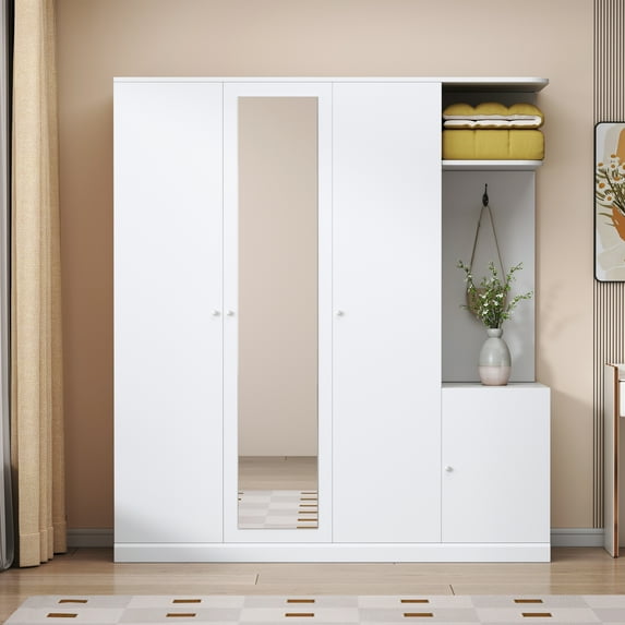 4-Door Closet Organizer Wardrobe with Shelves, Drawers, and Full-Length Mirror, Natural