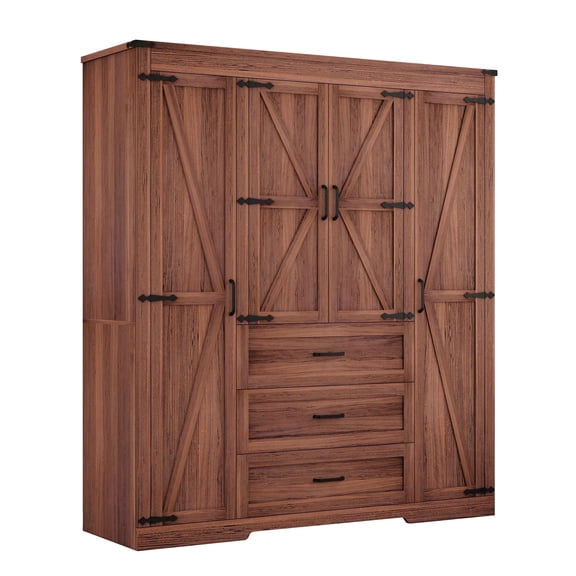 JassmiPkwy 4 Door Farmhouse Armoire Wardrobe Closet Cabinet with 3 Drawers, Hanging Rod, Adjustable Shelves, Brown