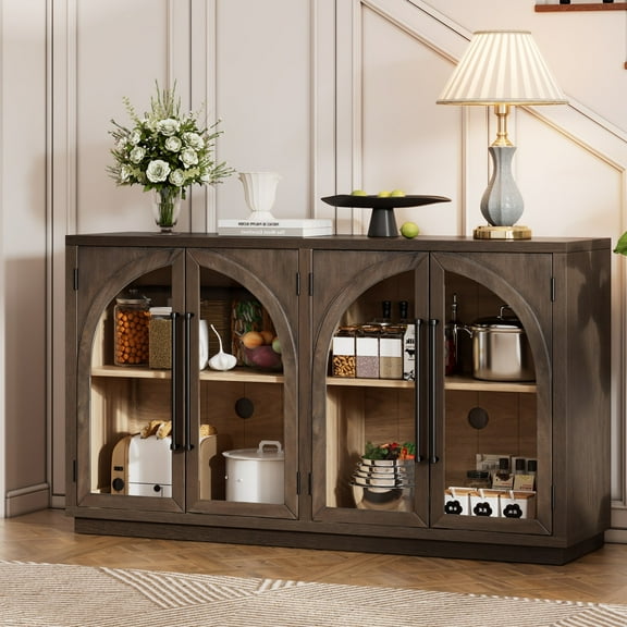 4-Door Large Storage Sideboard Buffet Cabinet with Glass Doors, Arched Cabinet with Adjustable Shelves for Kitchen, Dining Room and Living Room (Natural Wood)