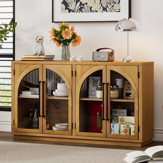 Chans Furniture Andrea 60 Inch Gold Frame Mirrored Storage Cabinet - Sideboard Buffet With Doors For Living Room