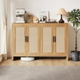 thumbnail image 1 of 4-Door Large Wooden Sideboard Buffet Cabinet with Natural Rattan Doors, Bohemian Kitchen Storage Cabinet with Adjustable Shelves, Coffee Bar Console Table for Dining Room, Entryway, Living Room, 1 of 7