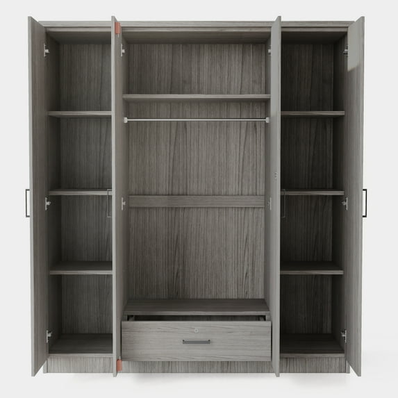4-Door Mirror Wardrobe with shelves, Gray