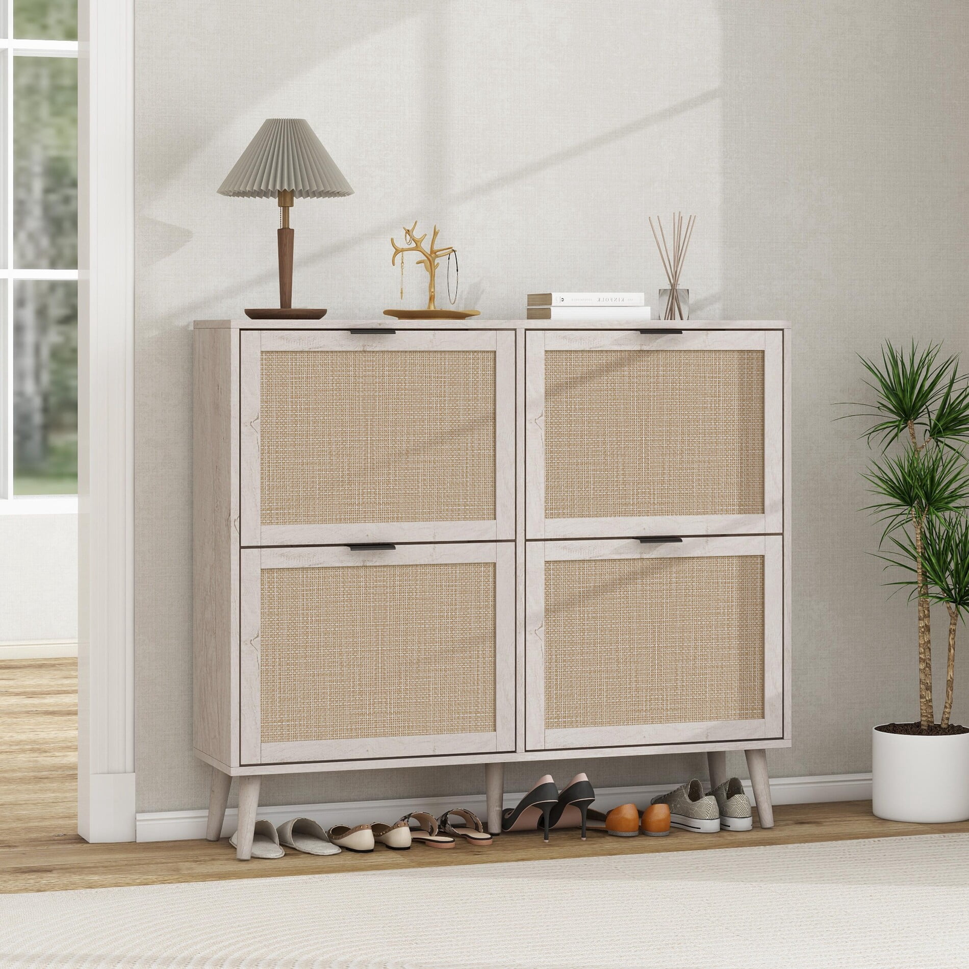 4 Door Shoe Rack, Freestanding Modern Shoe Storage Cabinet with Rattan ...
