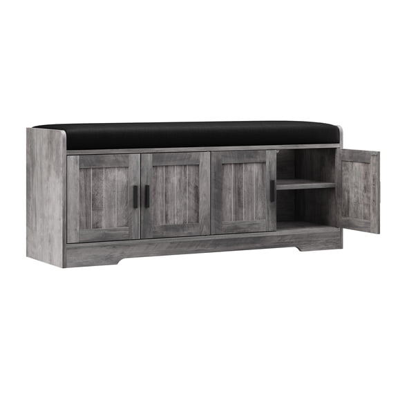 4-Door Shoe Storage Bench 45" with Cushion – 2-Tier Hidden Shelves, Thick Linen-Blend Padded Seat, Modern Geometric Organizer for Mudroom, Hallway, Foyer