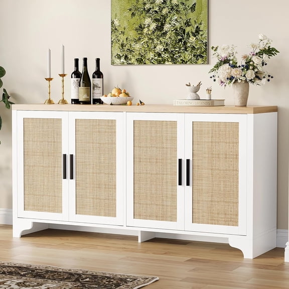 4-Door White Rattan Sideboard Buffet Cabinet – Boho Entryway Console Table, Coffee Bar Station for Dining Room, Living Room, Kitchen