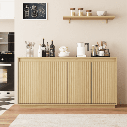 4-Door Sideboard Buffet Cabinet with Power Outlet, Wavy Texture No-Handle Accent Cabinet, Freestanding Storage Cabinet for Dining Room, Living Room, Entryway, Natural