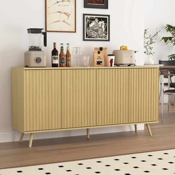 4-Door Sideboard Cabinet, Adjustable Compartment Storage, Honeycomb Pattern Doors, Natural Wood, for Kitchen Dining Room Living Room