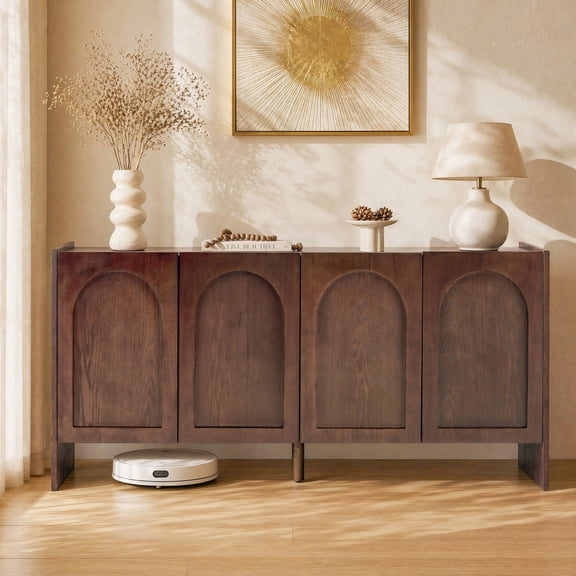 4-Door Sideboard Cabinet with Arched Door Details, Soft-Close Hinges, Adjustable Shelves and Cable Management