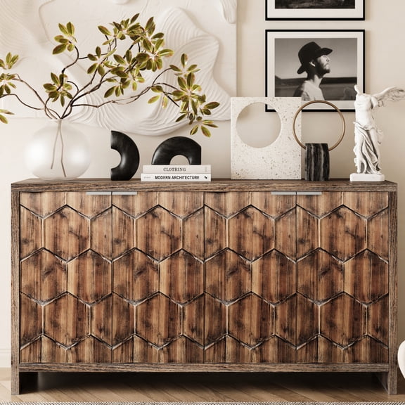 4-Door Sideboard Server | Ideal for Entryway and Kitchen Decor | Modern Metal Handles and Simple Lines | Keeps Room Organized