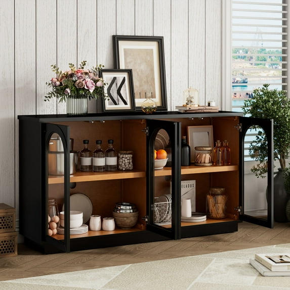 4-Door Storage Buffet Cabinet with Arched Glass Doors, Adjustable Shelves and Cable Management, Modern Black Sideboard for Dining Room or Living Room