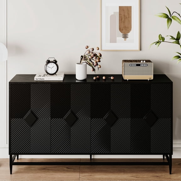 4 Door Storage Sideboard | Practical in Living and Dining Spaces | Matte Black Finish and Fluted Doors | Easy - to - Clean Metal Base