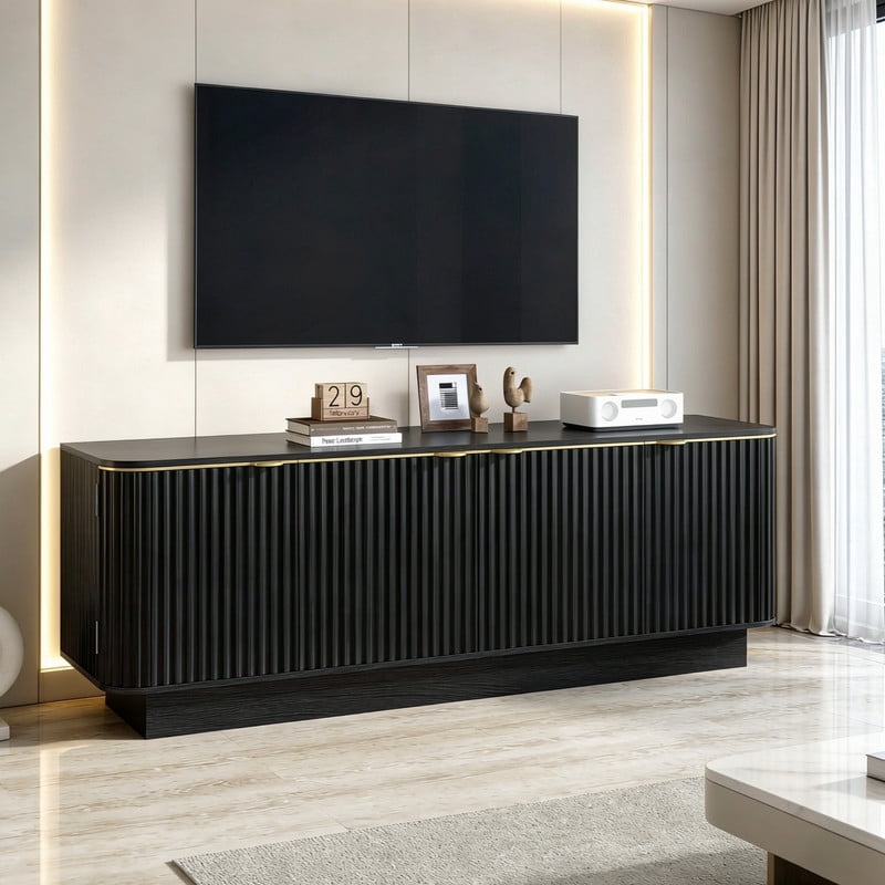 4-Door TV Stand for 70 Inch TV, Fluted Media Console with Adjustable Shelves and Cable Holes, Entertainment Storage Cabinet