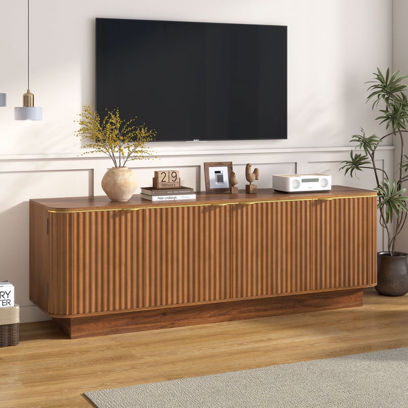 4-Door TV Stand for 70 Inch TV, Fluted Media Console with Adjustable Shelves and Cable Holes, Entertainment Storage Cabinet
