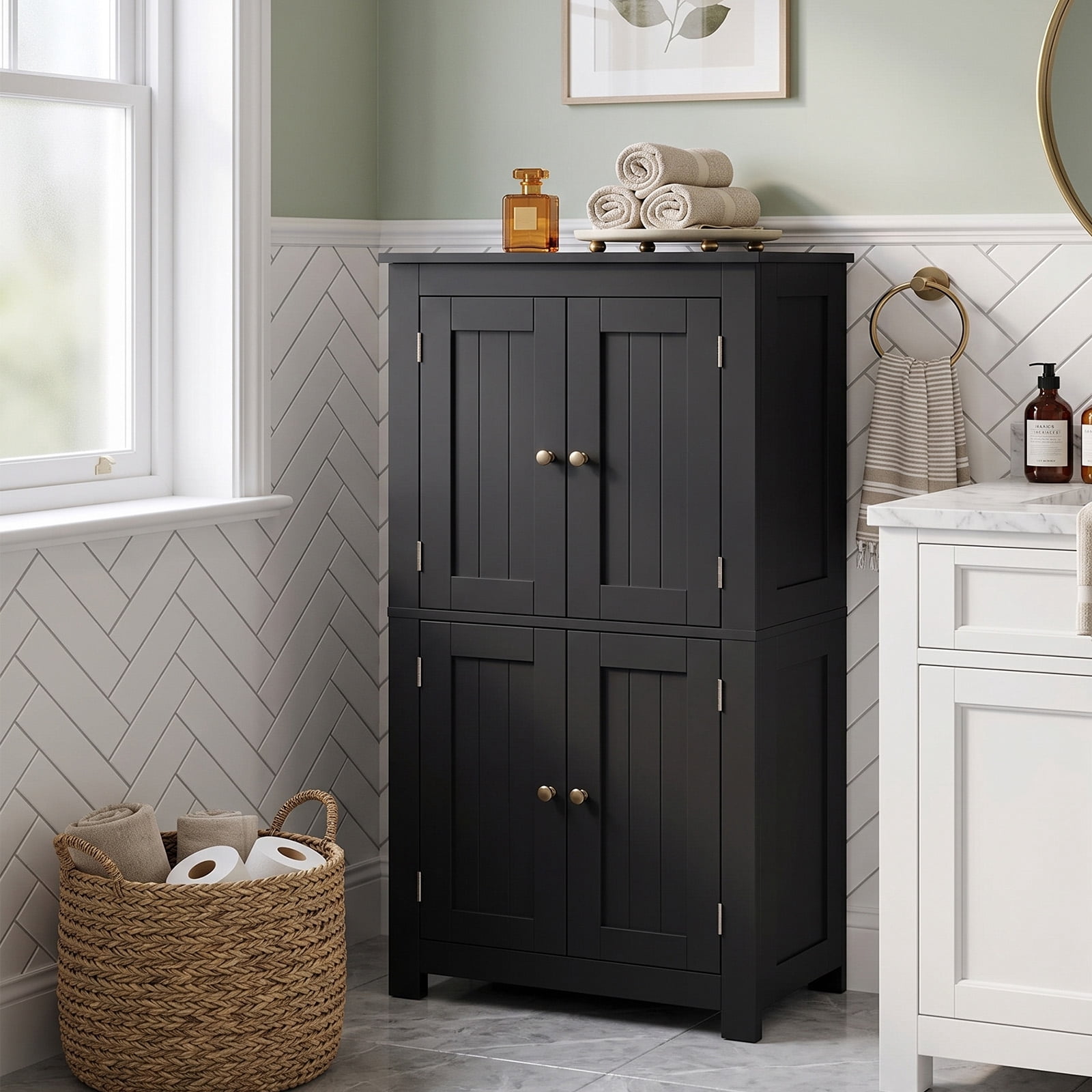 4-Door Vertical-Grain MDF Bathroom Cabinet, Black, 23.62 x 11.81 x 43.31 in