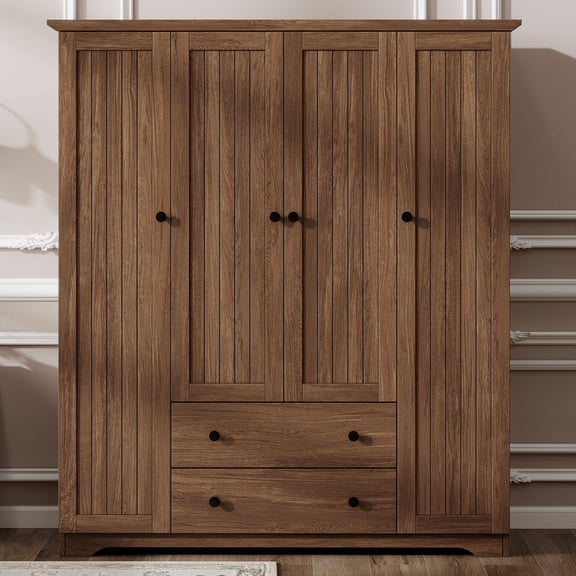 4 Door Wardrobe Armoire Closet with 2 Drawers, Brown