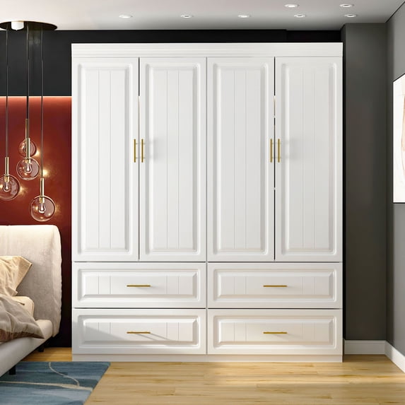KULAGAGA 4-Door White Armoire, 63 Wide Wardrobe Storage Cabinet with Shelves and Drawers for Bedroom,74.4" H