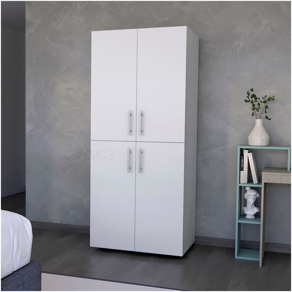 4-Door White Melamine Armoire, Tall Bedroom Storage Cabinet with Shelves for Organization