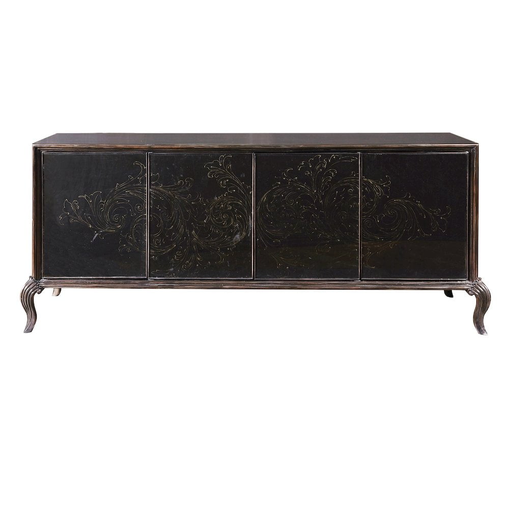 High Sheen Black 4-Door Media Credenza with Maple Legs