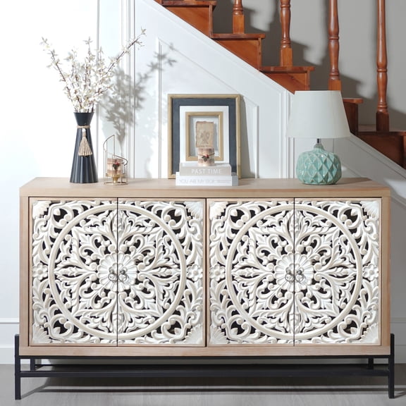 4 Door Wood Sideboard Cabinet | Ideal for Entryway and Dining Area | Durable Wood and Metal Construction | Store Decor and Essentials
