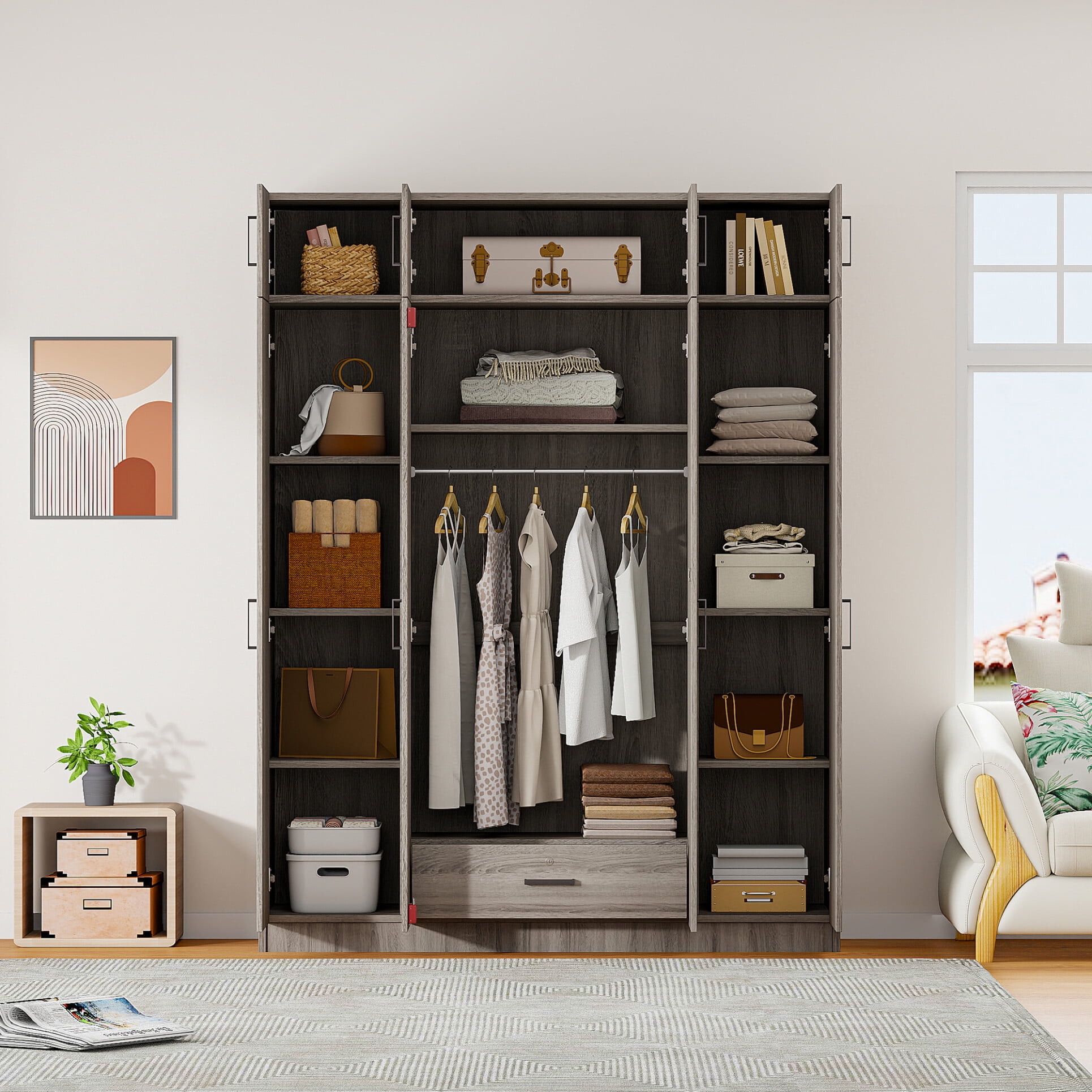 4-Door Wood Wardrobe Closet with 1 Drawer, Bedroom Armoires with Top ...