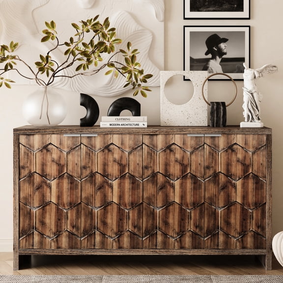 4 Door Wooden Cabinet Sideboard Buffet Server Storage. Antique Natural Wood Finish. Adjustable Shelves. & Fir Wood. Art , , Shabby Chic. Living Room, Office. 58.92 In. D, 15.72 W, 30.6 H, 86.33 Lb