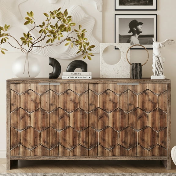 4 Door Wooden Storage Cabinet Sideboard Buffet. Server In Antique Natural Wood. Adjustable Shelves. & Fir Art , , Rustic. Hallway, Kitchen. 59.51 In. D, 15.61 W, 31.06 H, 88.68 Lb Rustic, Shabby