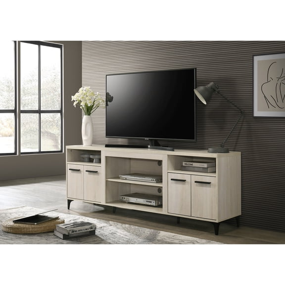 4 - Door Wooden TV Stand | Used for 60 - 69 Inch TVs in Family Rooms | Oak Color and Black PVC Legs | Comes with Tip - over Safety Device