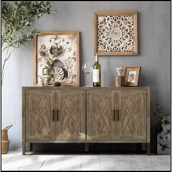 4 Door Wooden Twill Sideboard American Country Vintage Old Living Room Dining Room Hallway Entryway