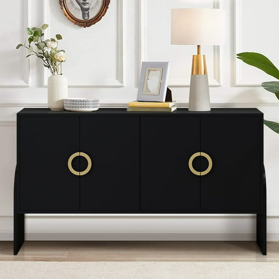 4 Doors Accent Cabinet, TUANLUO Buffet Cabinet with Unique Curved Legs and Adjustable Shelves, Modern Accent Cabinet, Heavy Duty Storage Cabinet Furniture for Kitchen Dining Room Living Room, Black