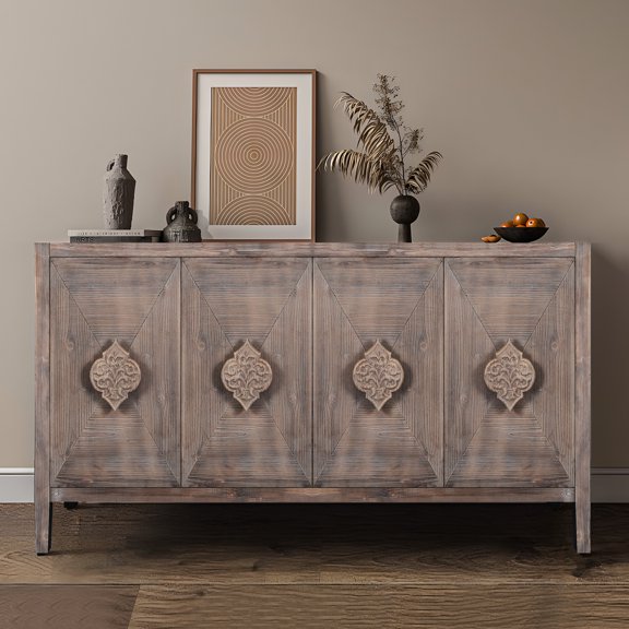 4 Doors Hallway Storage Cabinet - Antique Brown, Flower Flair Brown With Charming Door Handles For Kitchen
