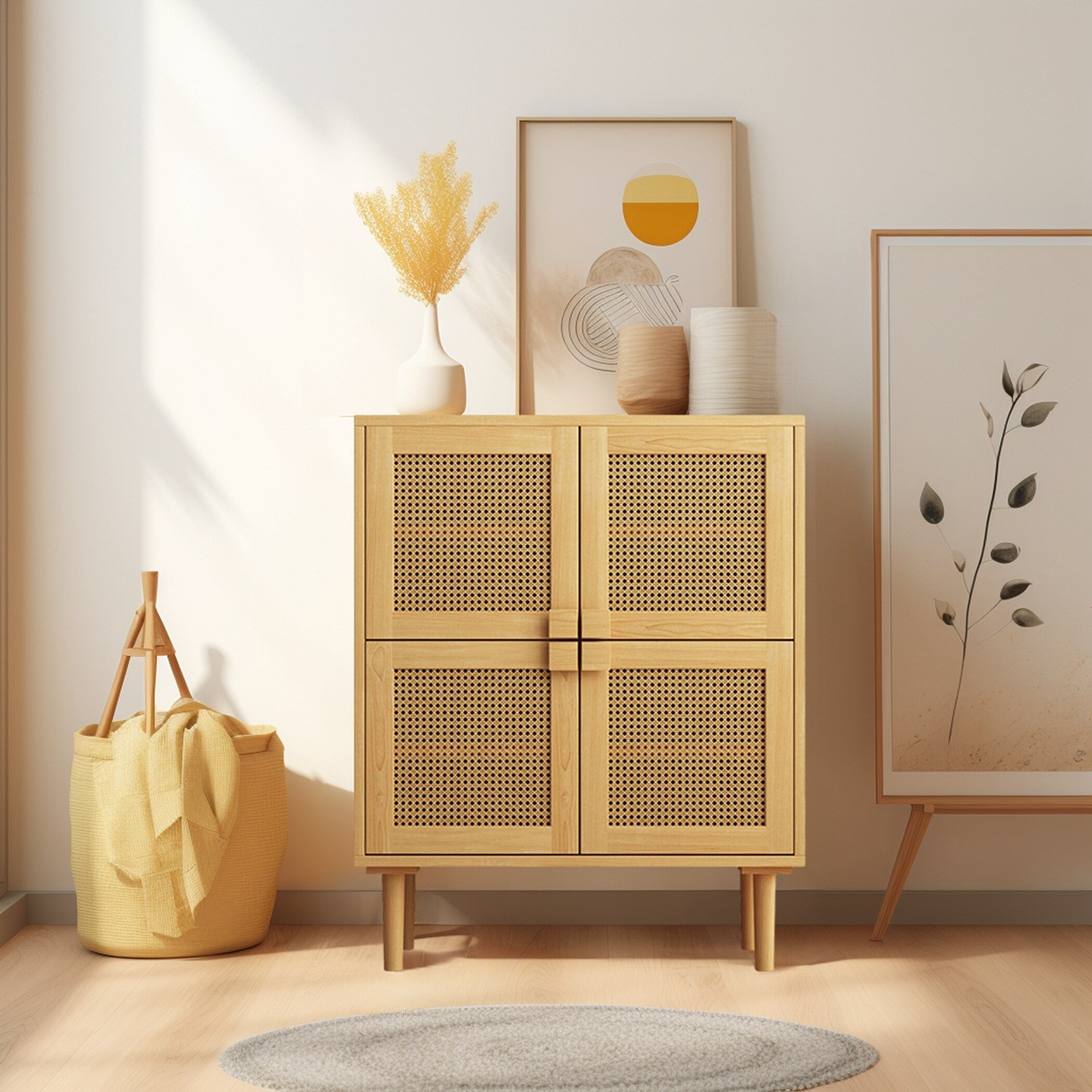 Natural Rattan Mesh 4-Door Storage Cabinet with MDF Frame