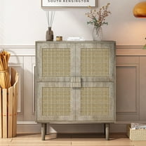 4-Doors Rattan Mesh Storage Cabinet, Sideboard with Eight Storage Spaces for Entryway, Living Room (Grey)