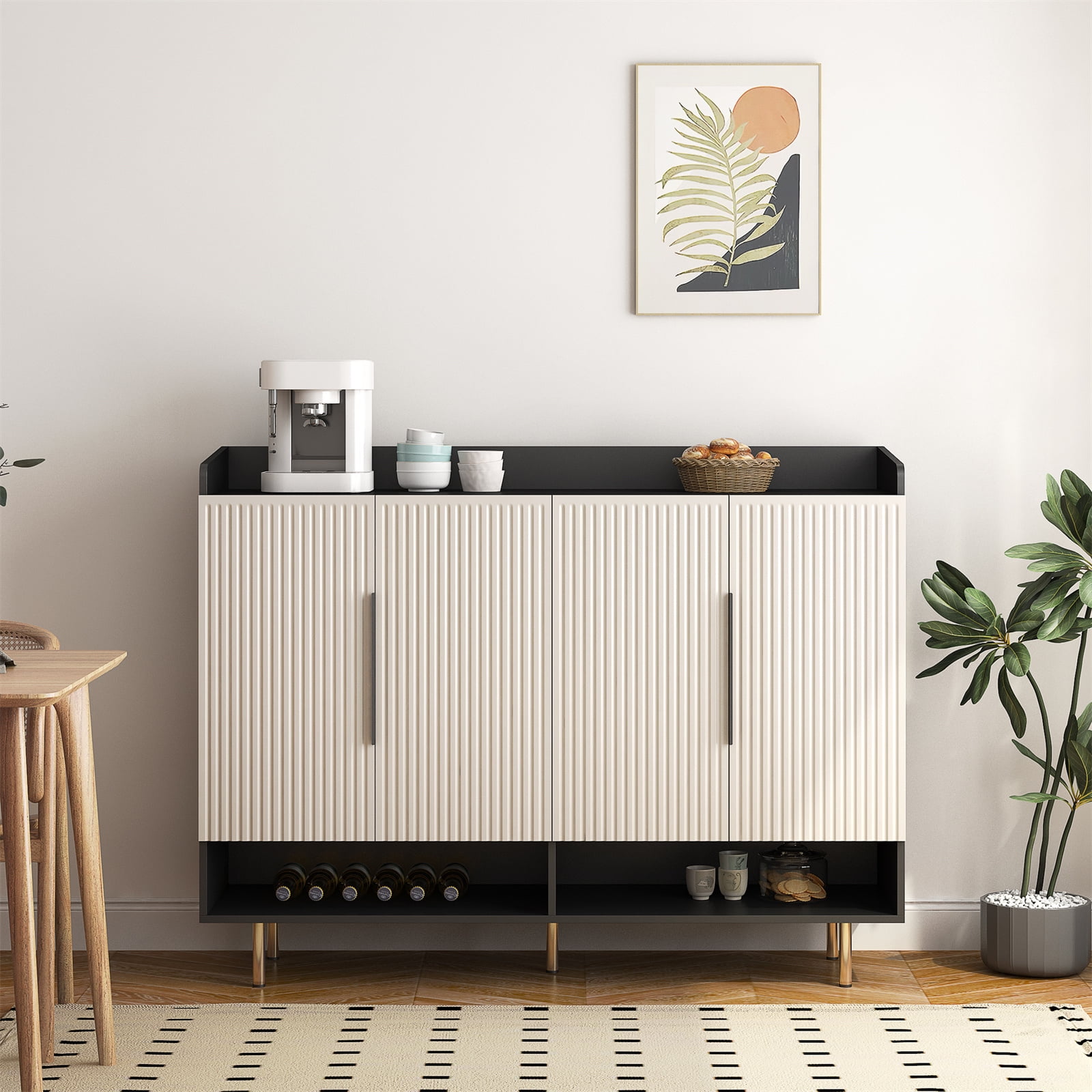 Off-White and Black 4-Door Modern Shoe Cabinet with Adjustable Shelves