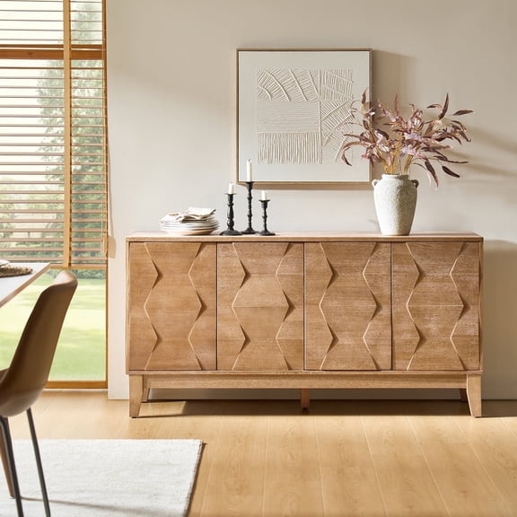 Tina's Home 4 Doors Storage Credenza and Sideboard Buffet Cabinet with Adjustable Shelves Solid Wood Legs Natural