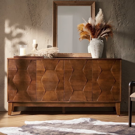 Tina's Home Mid-Century Modern Walnut Sideboard Buffet Cabinetwith 4 Doors and 2 Adjustable Shelves– Solid Wood Legs Dining Room & Kitchen Storage