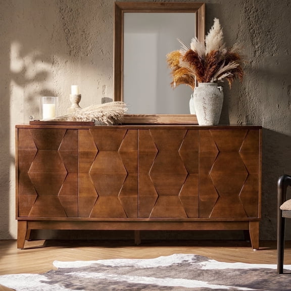 Tina's Home Mid-Century Modern Walnut Sideboard Buffet Cabinet with 4 Doors and 2 Adjustable Shelves– Solid Wood Legs Dining Room & Kitchen Storage