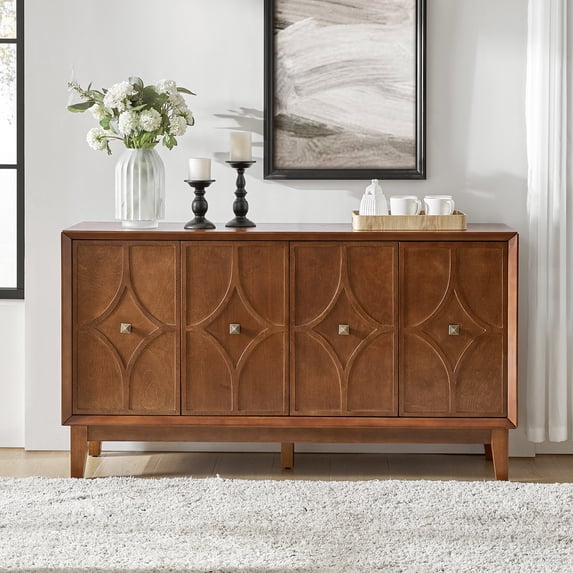 4 Doors Storage Sideboard Mid-century Wooden Buffet Cabinet with Adjustable Shelves Walnut