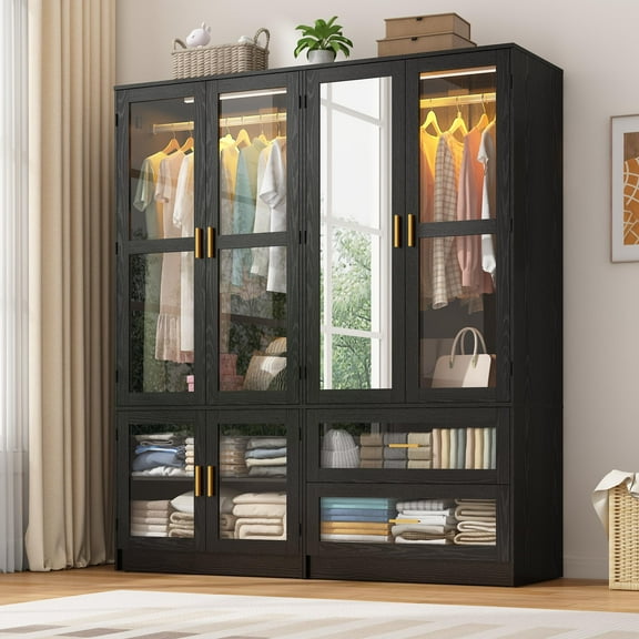 Full Glass 4 Door Wardrobe Combination for Bedroom, 71"H 63"W Armoire Wardrobe Closet with Mirror & 2 Drawers & LED Hanging Rod