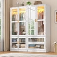 thumbnail image 1 of Full Glass 4 Door Wardrobe Combination for Bedroom, 71"H 63"W Armoire Wardrobe Closet with Mirror & 2 Drawers & LED Hanging Rod, 1 of 8