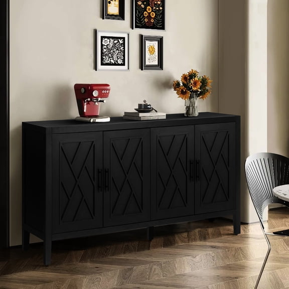 4 Doors Wood Buffet Cabinet With Adjustable Shelf, Sideboard For Entryway (antique Black Spacious Console Table Antique Bedroom