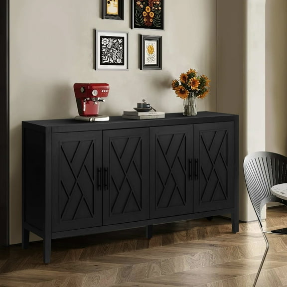 4 Doors Wood Console Table With Adjustable Shelf, Buffet Cabinet For Living Room (antique Black Spacious Accent Antique