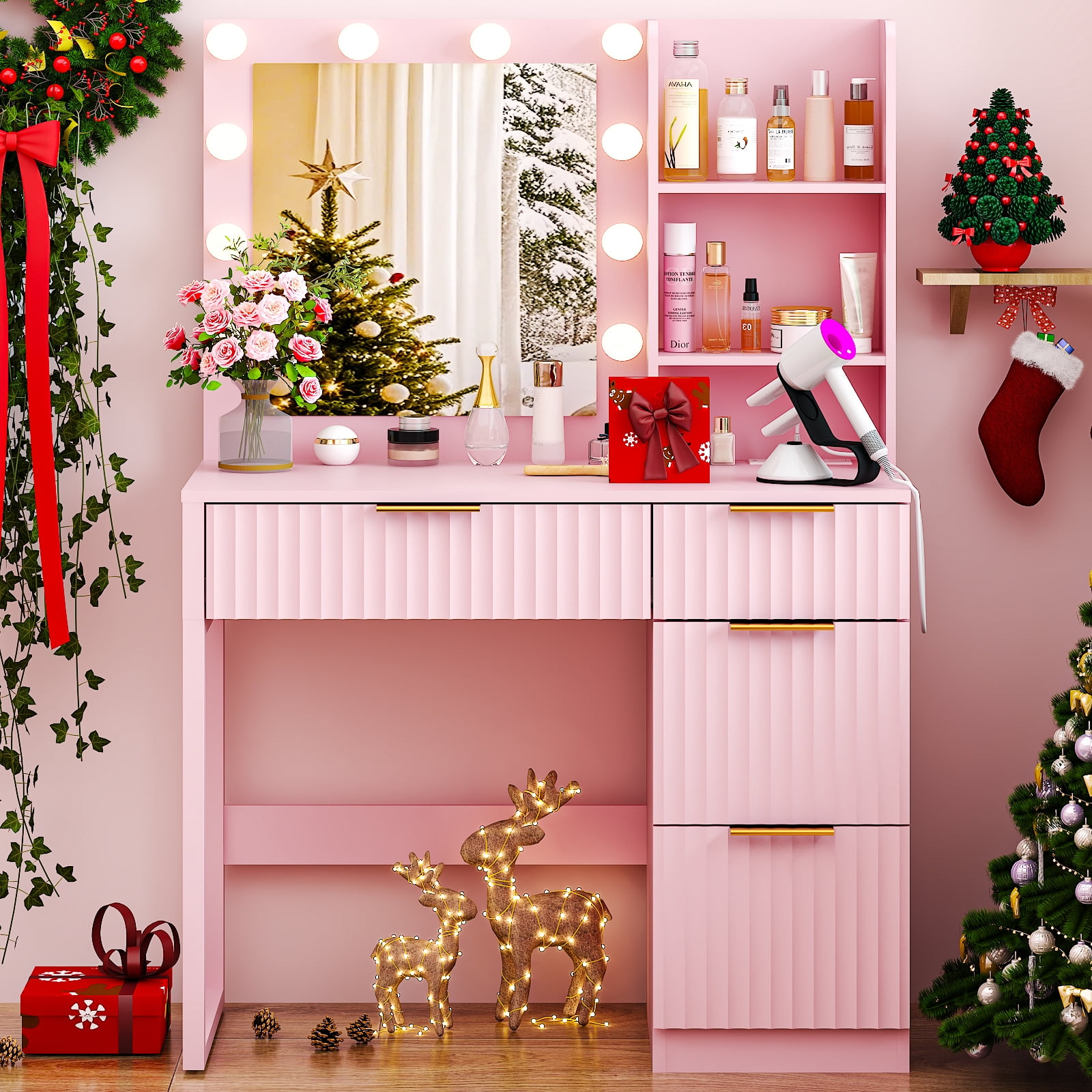 4-Drawer 2-Shelf Dressing Table with 10 Tri-Color Light Bulbs Particleboard with Textured Melamine Finish Power Strip and Dressing Table Grille-Finish Dressing Table, 33.46*15.75*29.53in, Pink