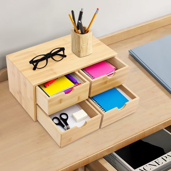 4-Drawer Bamboo Desktop Organizer No-Assembly Compact Storage Chest
