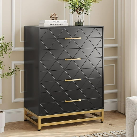 4-Drawer Bedroom Dresser, Modern Chest with Wide Drawers & Metal Handles, Wooden Organizer for Bedroom, Black