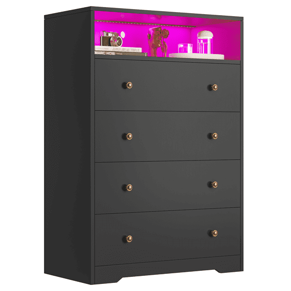 4-Drawer Black Wood Dresser with LED Lights,Modern Chest of Drawers for Bedroom,Living Room