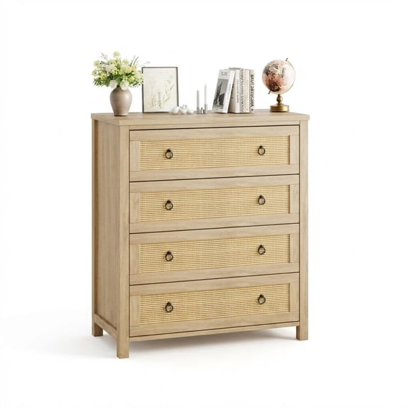 4 Drawer Boho Rattan Dresser, Nightstand Storage Cabinet, Large Chest for Bedroom, Living Room, Nursery - Natural