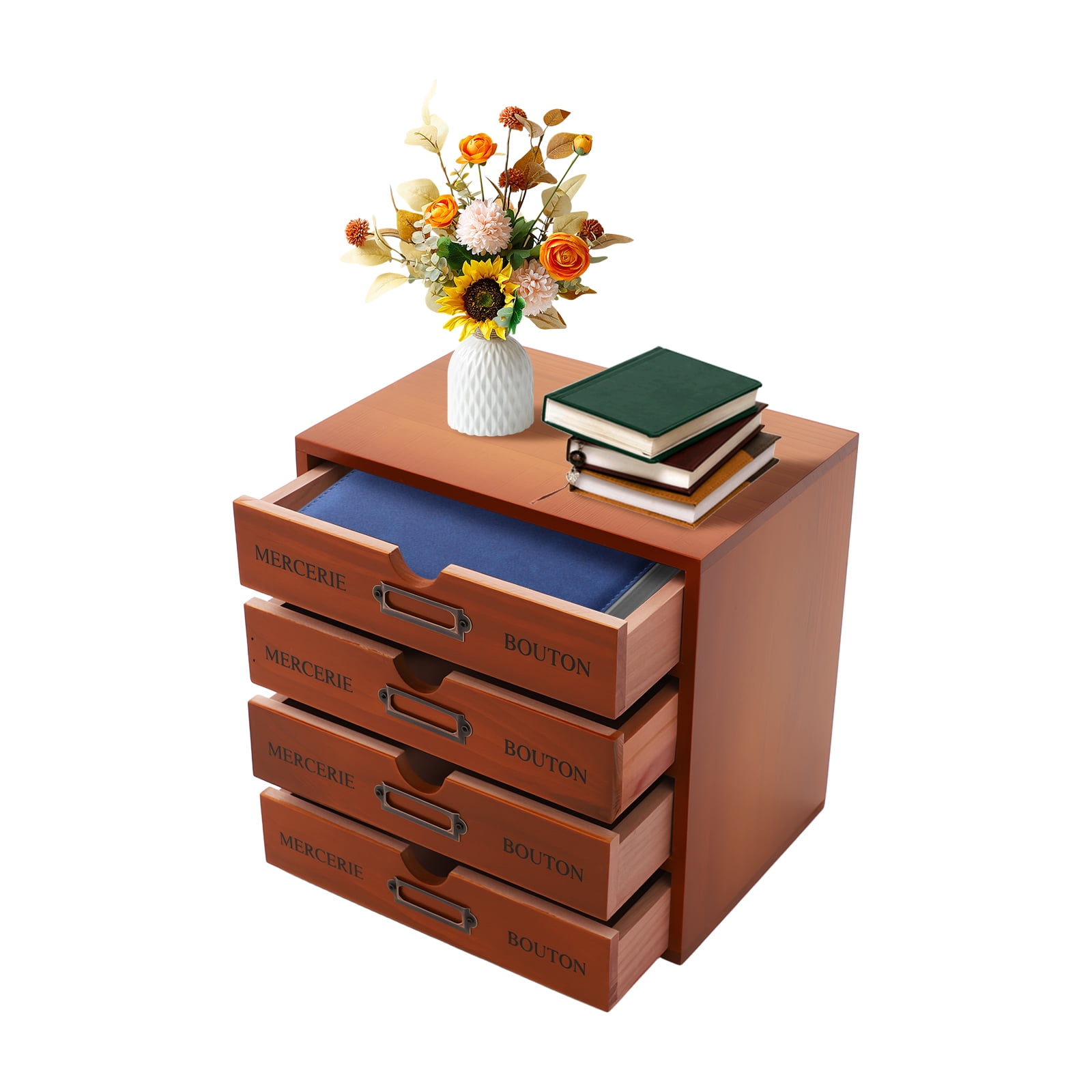 4 Drawer Desk Organizer,Wooden Vintage Storage Drawers Library Card Catalog Wood Storage Box for Stationery Thread Embroidery Sewing Crafts Junk