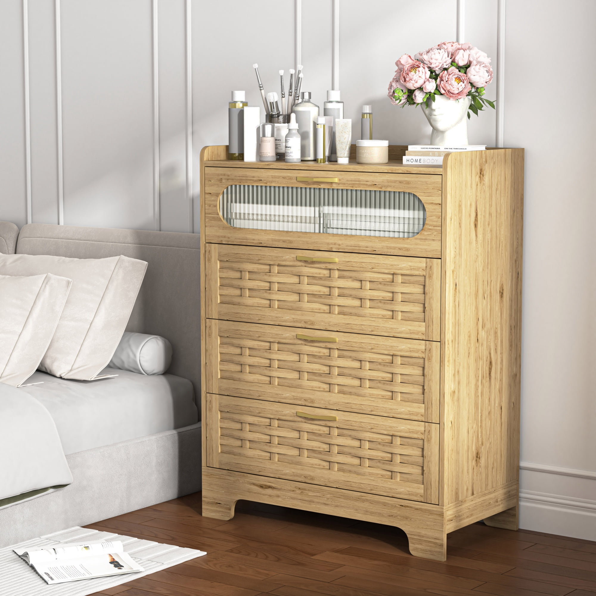 4-Drawer Dresser 31.5 Inch, Modern Chest of Drawers with Transparent Acrylic Doors, Storage Organizer for Bedroom and Entryway, Wood