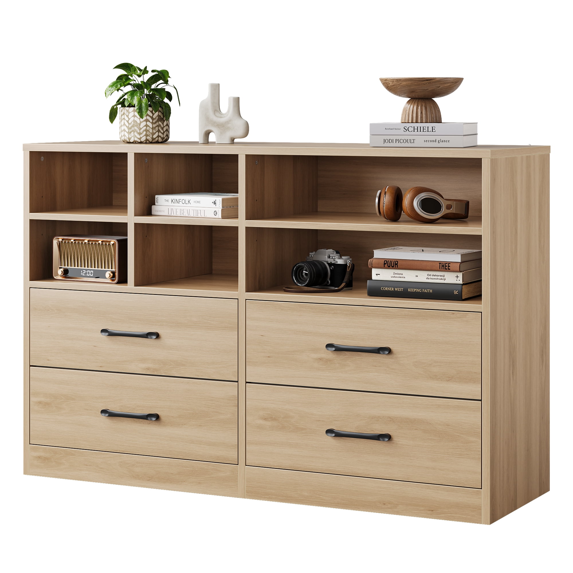 View of 4 Drawer Dresser with 6 Adjustable Shelves, Modern Oak Wood Storage ...