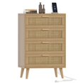 thumbnail image 1 of 4 Drawer Dresser for Bedroom, Rattan Chest of Dressers with Charging Station, Modern Dresser Chest with Golden Handles, Beside Table for Closet, Living Room and Entryway, Natural, 1 of 7
